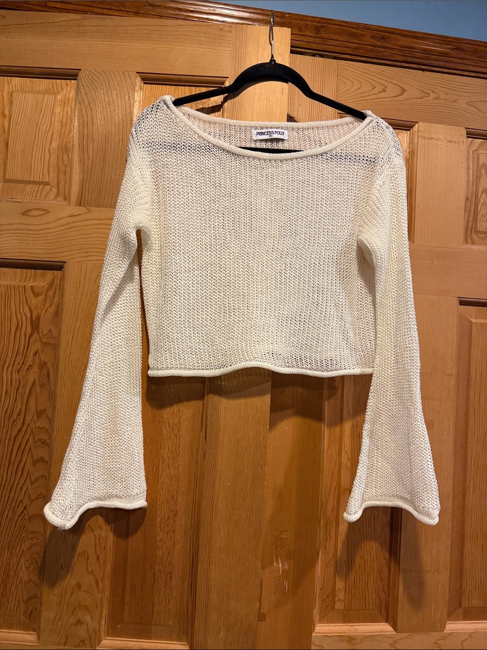Princess Polly Ivory Cropped Open-Knit Boatneck Sweater